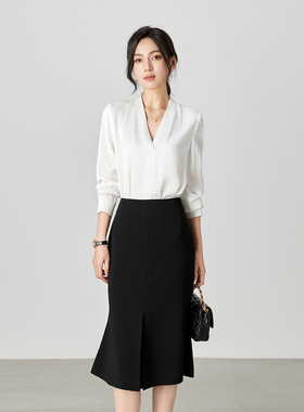 春夏秋新V领白色套头修身衬衫衬衣OL风格通勤风黑色半身裙套装女