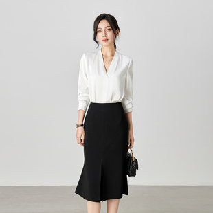 通勤风黑色半身裙套装 衬衣OL风格 女 衬衫 春夏秋新V领白色套头修身