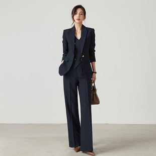 套装 春秋冬新款 帅气西服直筒裤 上衣外套大气职业正装 女 藏青色西装