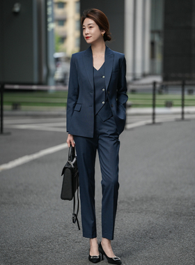 春秋冬新藏蓝色精纺羊毛职业正装西装高级感商务面试OL马甲套装女