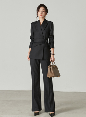 欧美春秋冬新款气质黑色腰带西装外套帅气职业OL西服喇叭裤套装女