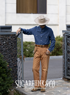 Sugarfunk胡椒盐棉麻条纹抗皱农场工作衬衫美式复古/阿美咔叽