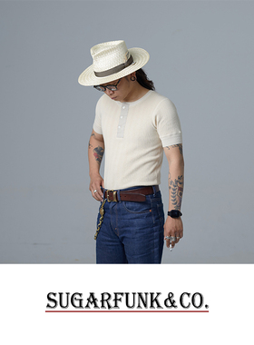 Sugarfunk 全棉暗条纹针织亨利领半袖美式复古/阿美咔叽/Vintage