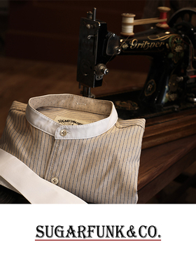 Sugarfunk20世纪替换领假领法式袖扣条纹衬衫/美式复古/阿美咔叽