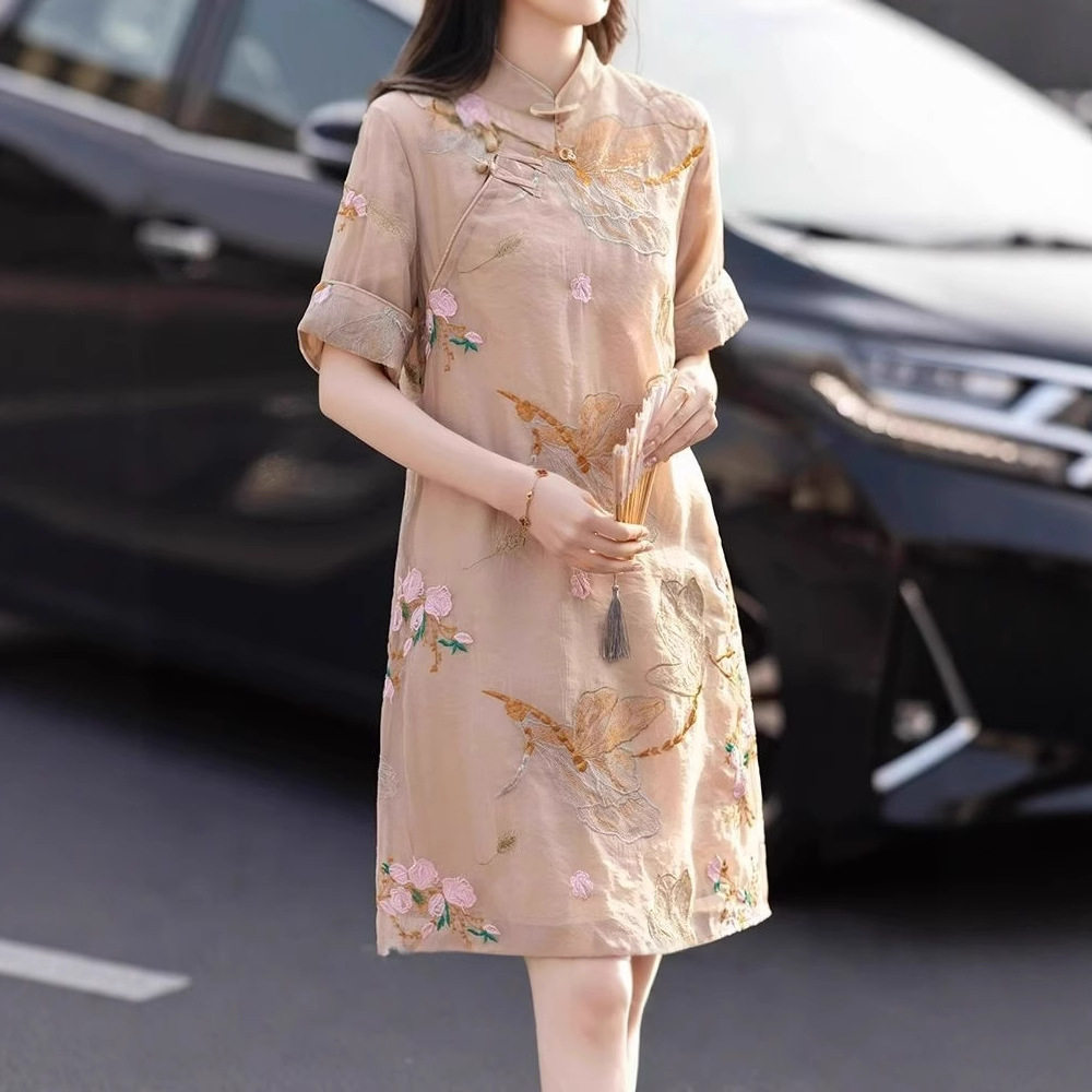 气质国风雪纺短袖连衣裙女妈妈夏连衣裙