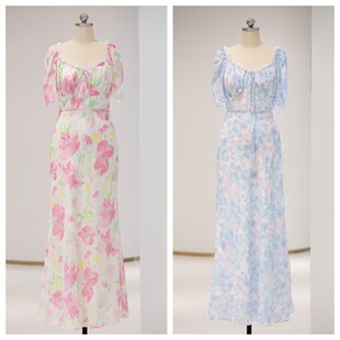 V领长款 秒杀 桑蚕丝真丝印花收腰短袖 春夏新款 连衣裙绑带 499