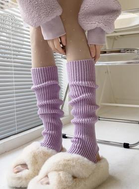 日本代购浅紫色袜套泡泡袜秋冬加厚保暖针织腿套黑色中筒袜子JK白