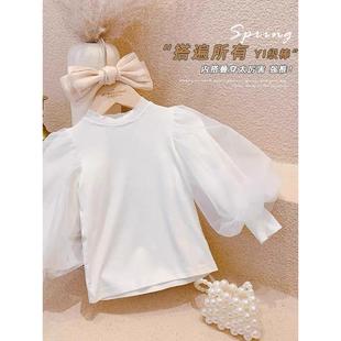 小女孩上衣内 品牌折扣女小童2025新款 春秋款 网纱公主泡泡袖 打底衫