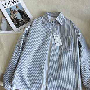蓝白条纹衬衫男女春秋季高级感kpop穿搭美式休闲纯棉长袖衬衣外套