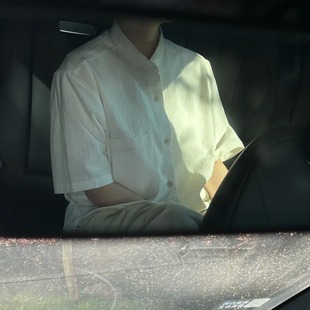 褶皱肌理休闲立领纯色衬衣 老钱风棉亨利领短袖 衬衫 男夏季 薄款