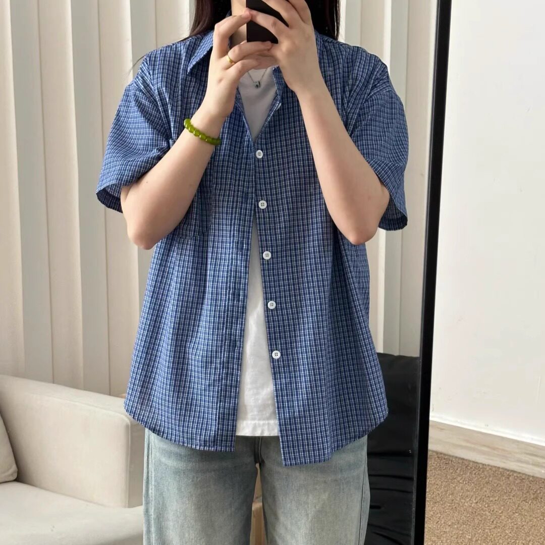 新款格子miu系短袖衬衫宽松夏季日常休闲男女cleanfit短袖衬衣