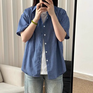 新款格子miu系短袖衬衫宽松夏季日常休闲男女cleanfit短袖衬衣