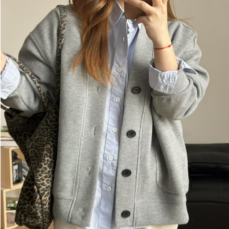 春秋款开衫男女V领简约休闲宽松慵懒风卫衣开衫保暖长袖外套