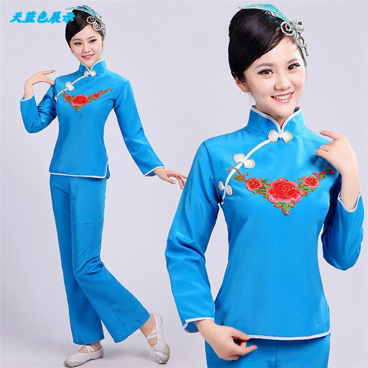 2025新款女中老年秧歌服演出服扇子腰鼓舞蹈服民族服装现代广场舞