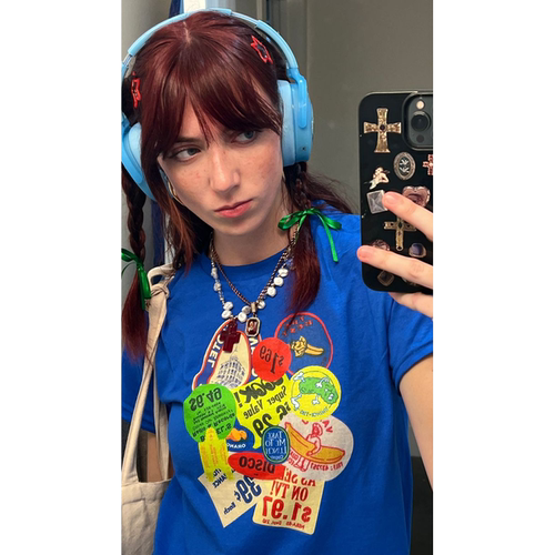 Autismss宝藏屋 夏季多巴胺克莱因蓝情侣小标拼接短袖T恤男女同款