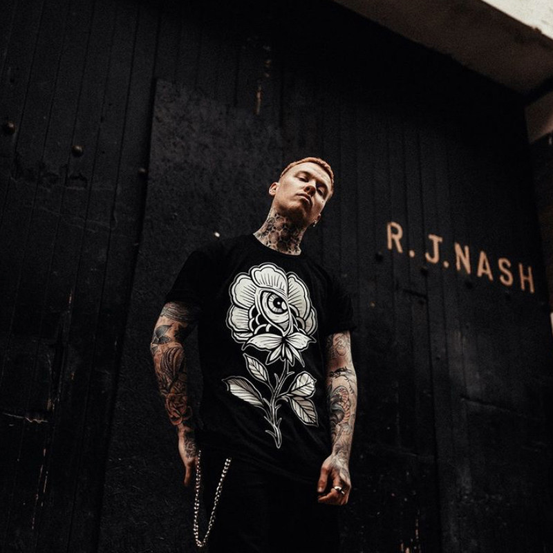 chicano西海岸匪帮短袖男上衣oversize白玫瑰印花宽松圆领大码t恤