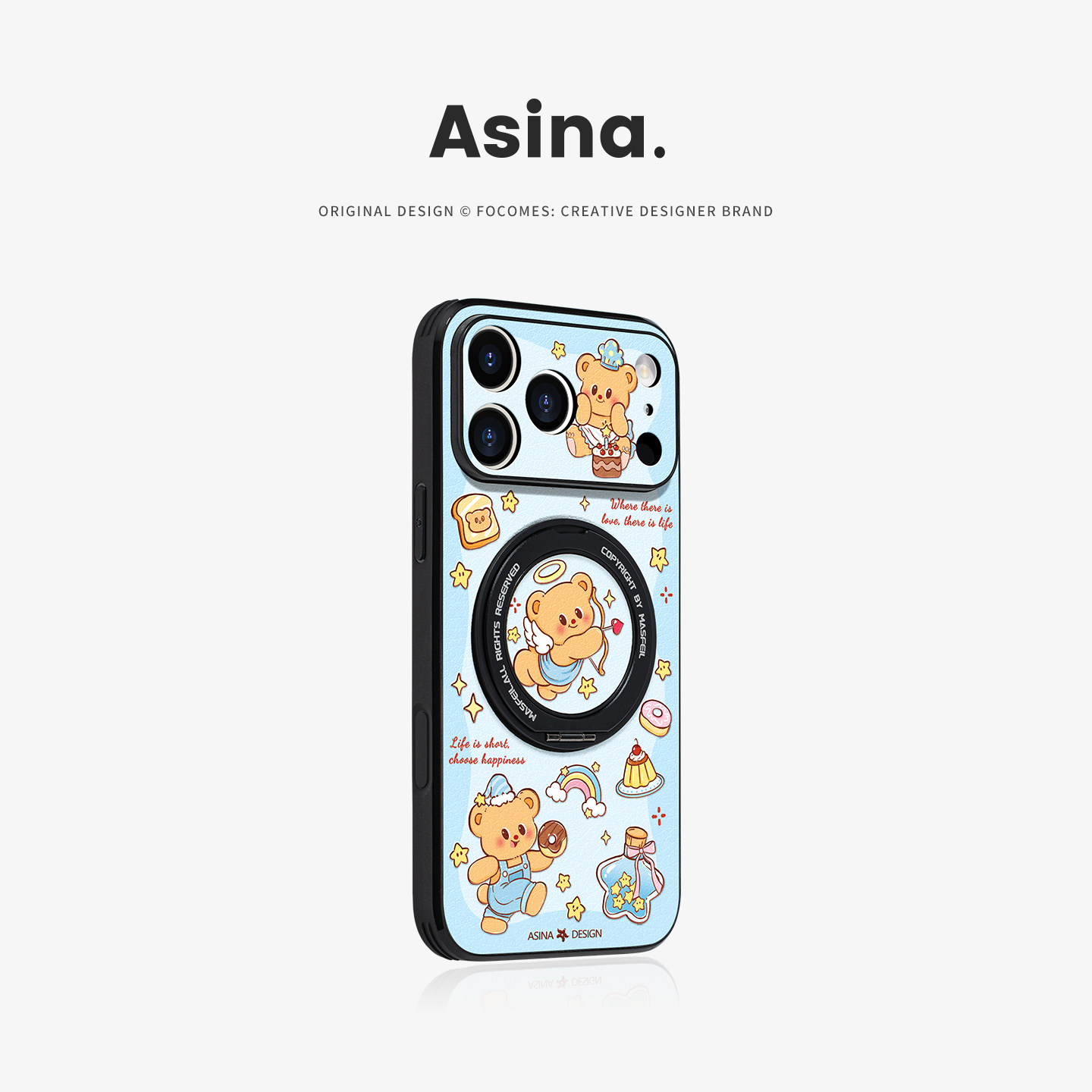 蓝色熊仔适用苹果17promax手机壳新款16Pro卡通全包iphone17磁吸旋转支点15Promax素皮保护套Ho3防摔14女秋冬