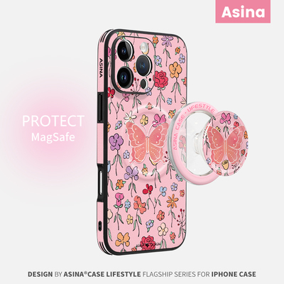 花丛蝴蝶适用苹果16promax手机壳新款15Pro防摔磁吸ip14卡通全包13Pro文艺带支架小米15卡通14Pro女ins风涂鸦