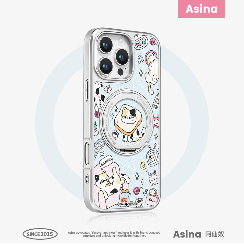 快乐宅家小猫适用苹果17手机壳卡通全包15Promax防摔磁吸14Pro素皮带支架保护套ip13潮牌可旋转16Promax新款