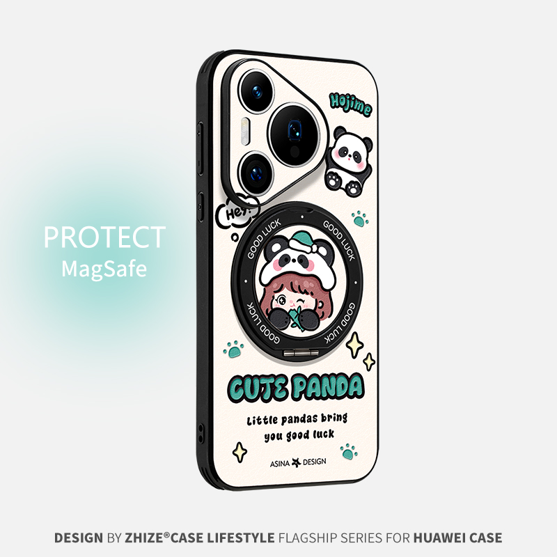 快乐小熊猫适用华为pura80pro手机壳 卡通全包p70防摔磁吸带支架隐形pura70好看高级pura70pro+新年好看ins风