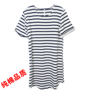 夏纯棉短袖条纹睡裙男士大码宽松吸汗睡衣品质家居服可外穿促销