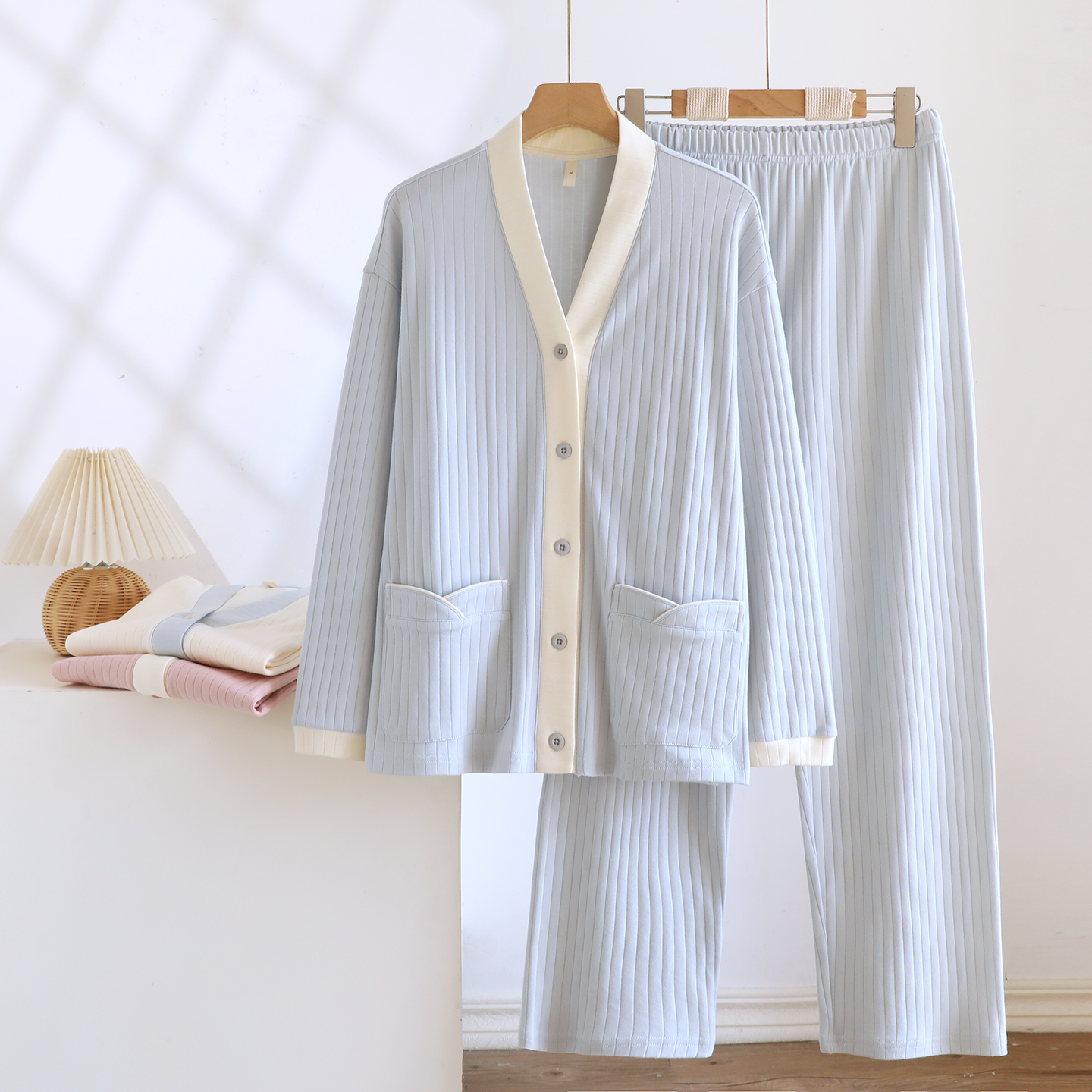 V领撞色坑条针织纯棉春秋睡衣女