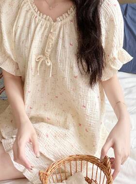 夏季奶甜碎花纯棉纱布女睡衣套装