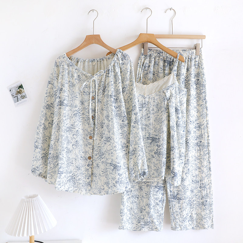 三件套睡衣女春秋夏季纯棉纱布薄款长袖吊带家蕾丝花边居服套装