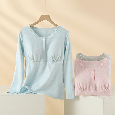 带胸垫亲肤纯棉长袖哺乳上衣