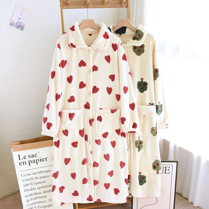 甜美珊瑚绒睡衣女冬季爱心法兰绒翻领睡袍冬天家居服睡裙加绒保暖