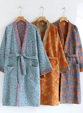 色织复古全棉纱布和服睡袍