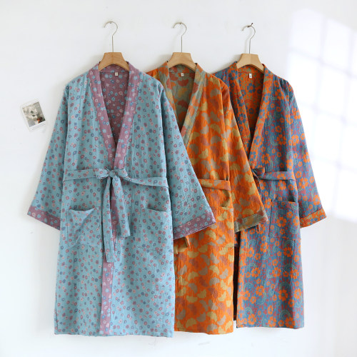 色织复古全棉纱布和服睡袍
