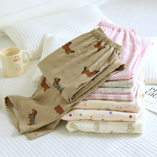 甜美卡通睡裤女长裤春夏季纯棉纱布宽松大码秋季薄款空调家居裤子