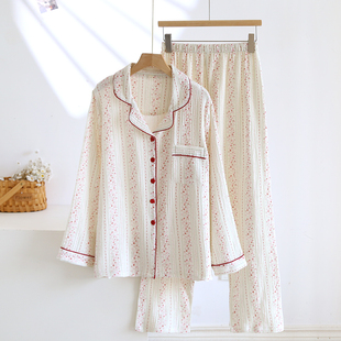 棉麻 翻领开衫 双层纯棉纱布睡衣女款 春秋夏季 可外穿宽松家居服套装