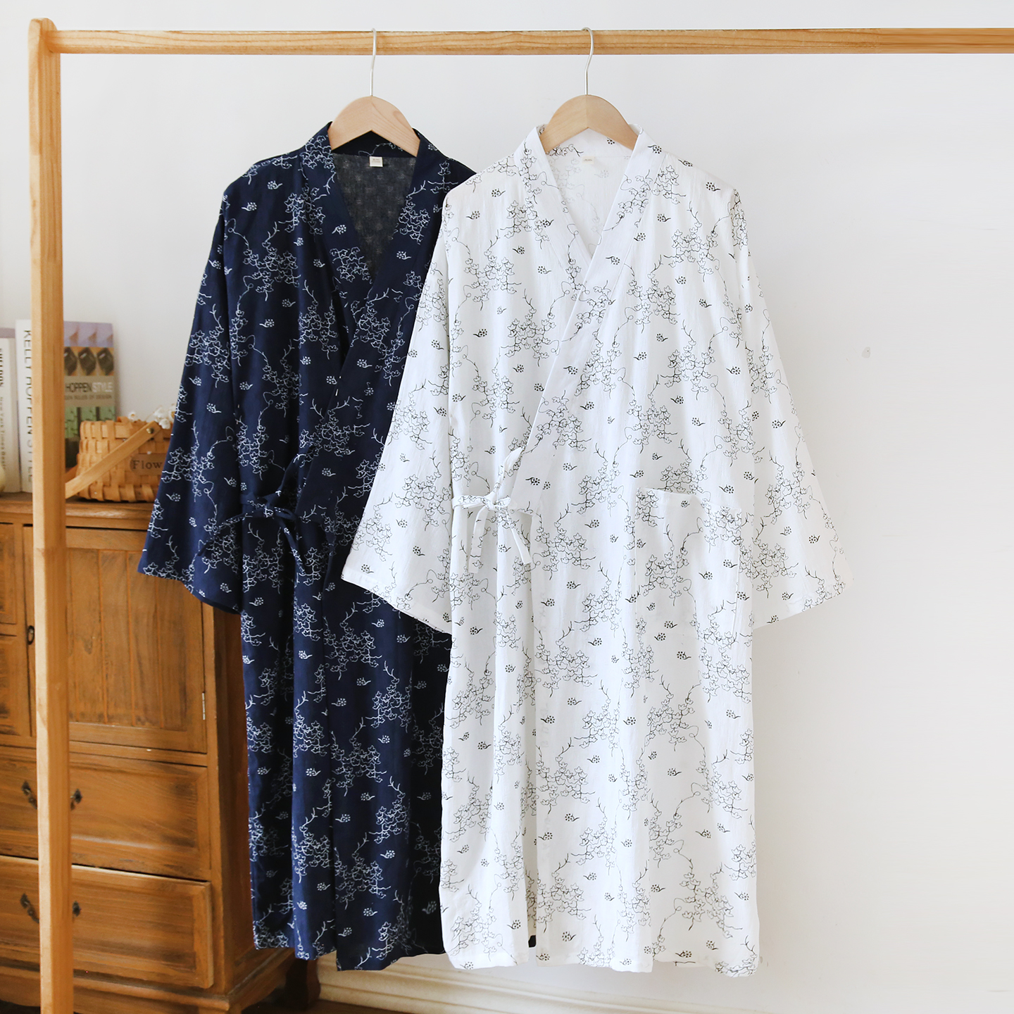 100纯棉纱布日式男士和服睡袍