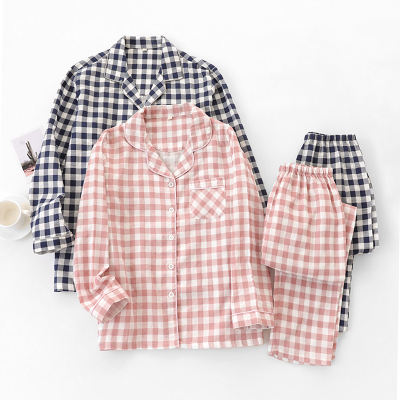 日系情侣纯棉格子睡衣套装
