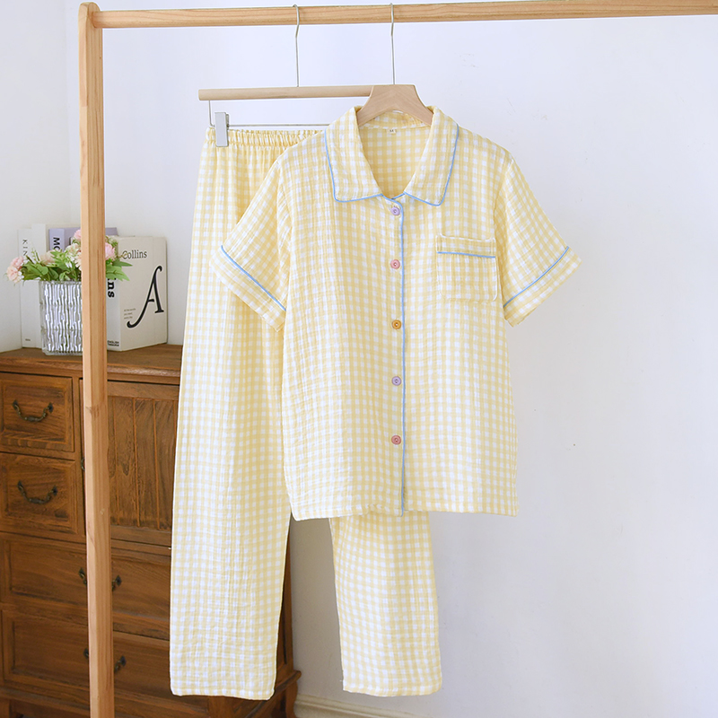 奶黄格子睡衣女款2025新款夏季纯棉纱布短袖长裤可外穿家居服套装