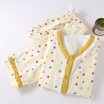 三层纯棉纱布月子服春秋季腰围可调节产后哺乳期孕妇睡衣女家居服
