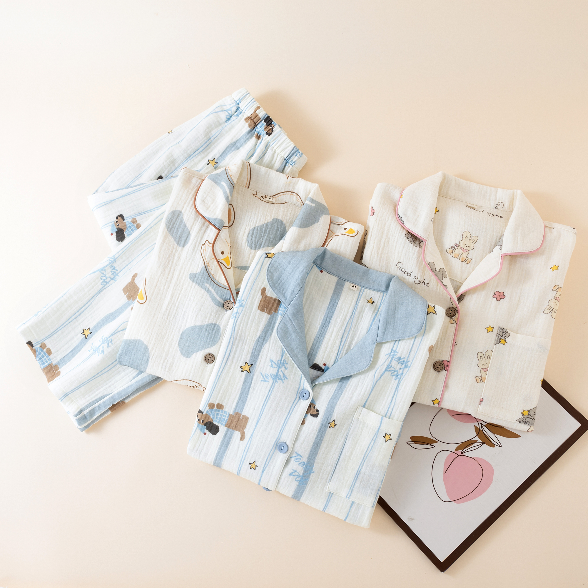 卡通印花纯棉纱布女士长袖睡衣