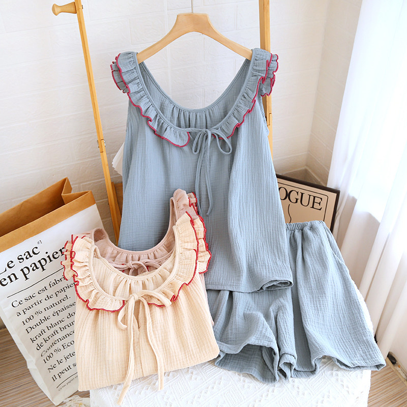 木耳花边吊带睡衣女甜美可爱夏季薄款少女纯棉纱布家居服套装全棉