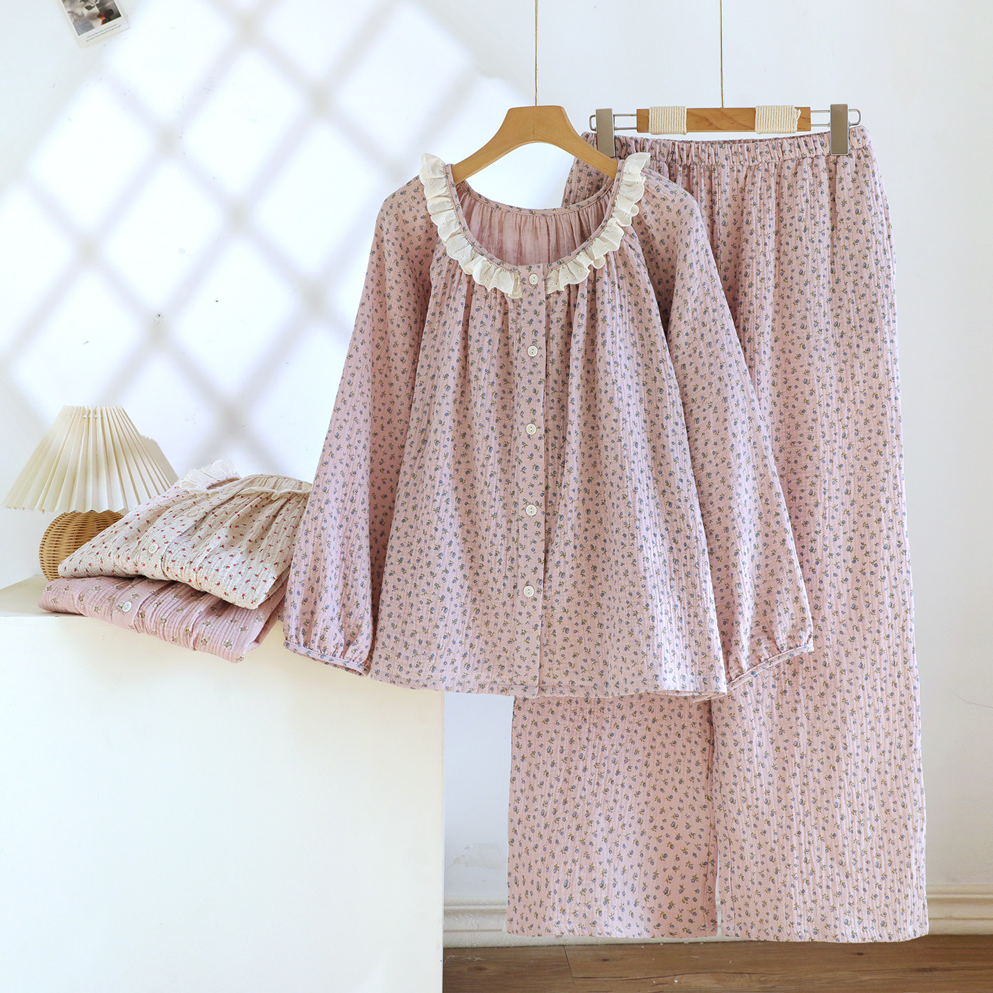 双层纯棉纱布睡衣女春秋夏季淡雅碎花薄款蕾丝圆领长袖家居服套装,女士内衣/男士内衣/家居服,睡衣/家居服套装,淘宝优惠券,粉丝福利购,淘宝优惠卷