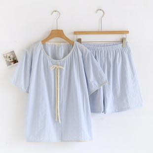 簡約純色睡衣女士夏季 家居服可外穿 純棉紗布100全棉棉麻短袖 薄款