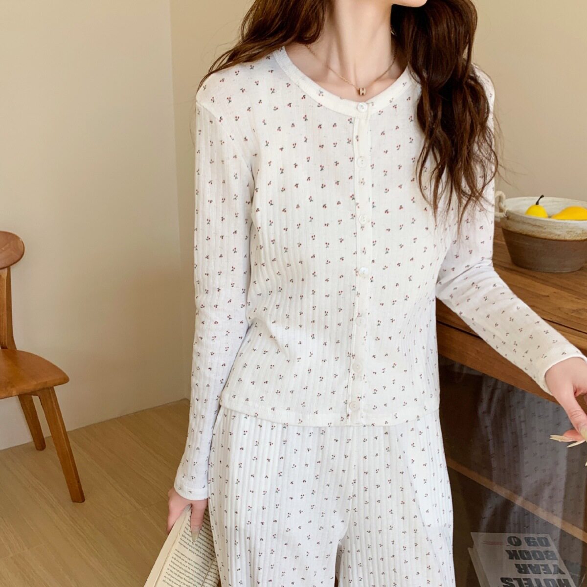 温柔碎花针织纯棉睡衣女春秋圆领长袖长裤套装休闲少女全棉家居服