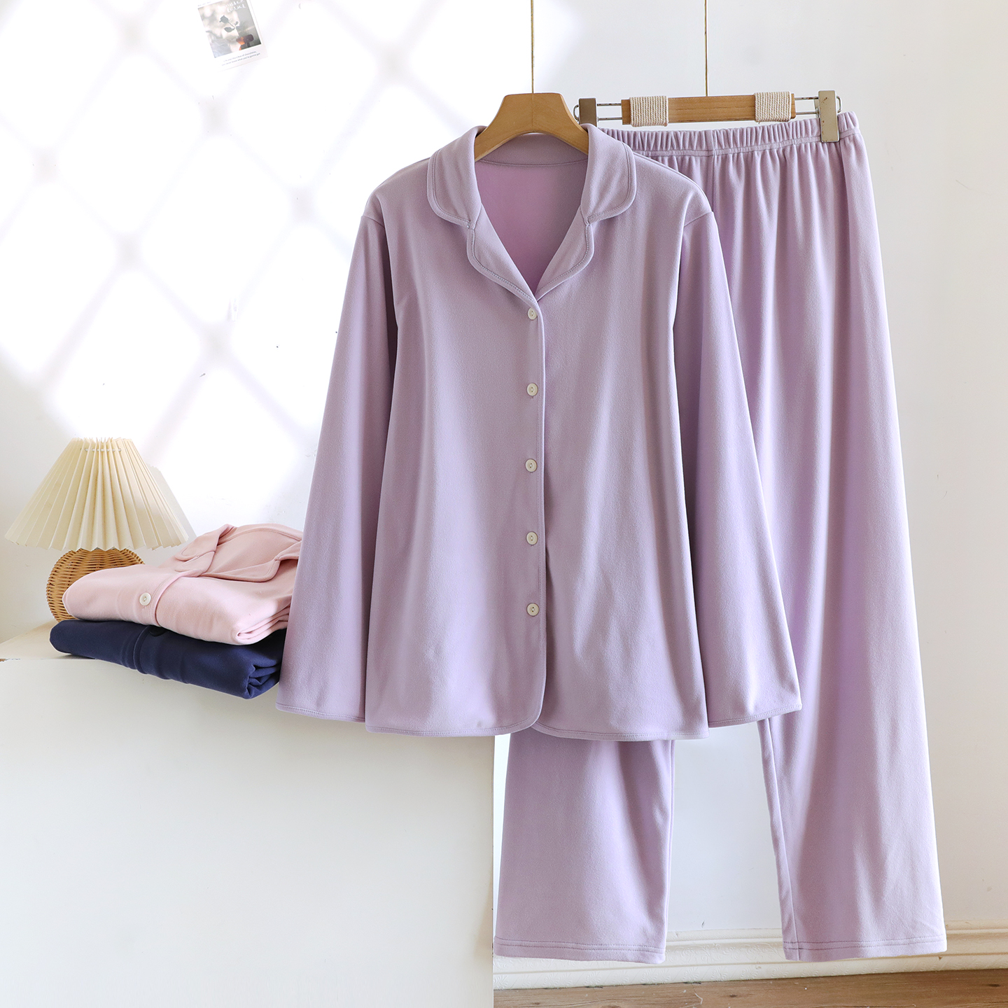 德绒情侣简约纯色家居服套装