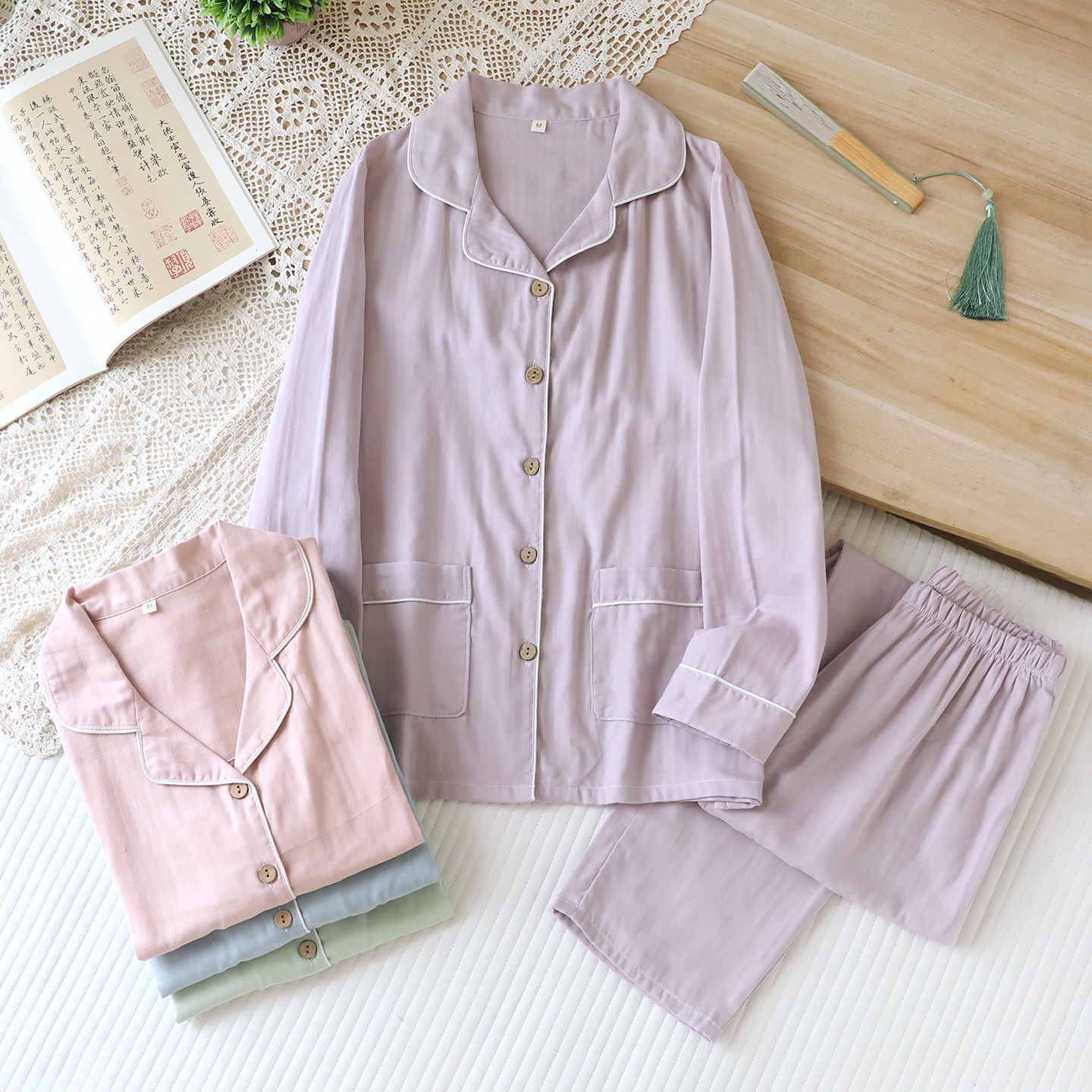 100%纯棉纱布简约纯色系睡衣女士长袖春秋夏季薄款翻领家居服套装