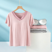 外穿百搭上衣打底衫 莫代尔短袖 薄款 条纹T恤女夏季 睡衣 带胸垫款
