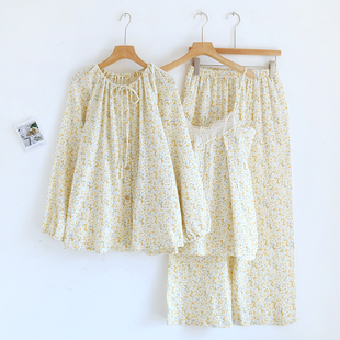 家居服套装 田园碎花三件套睡衣女款 吊带薄款 纯棉纱布长袖 春秋夏季