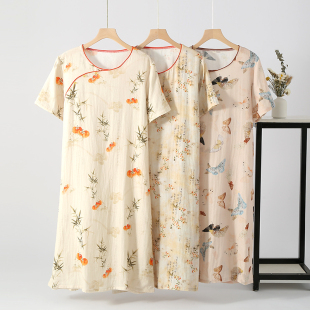 新中式古风旗袍睡裙纯棉纱布夏季短袖睡衣女汉服中国风可外穿中年