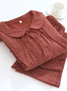 甜美红色碎花睡衣女纯棉纱布长袖本命年新年家居服套装全棉春秋夏