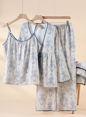 清雅国风纯棉三件套睡衣女春夏薄款吊带长袖长裤套装新中式家居服